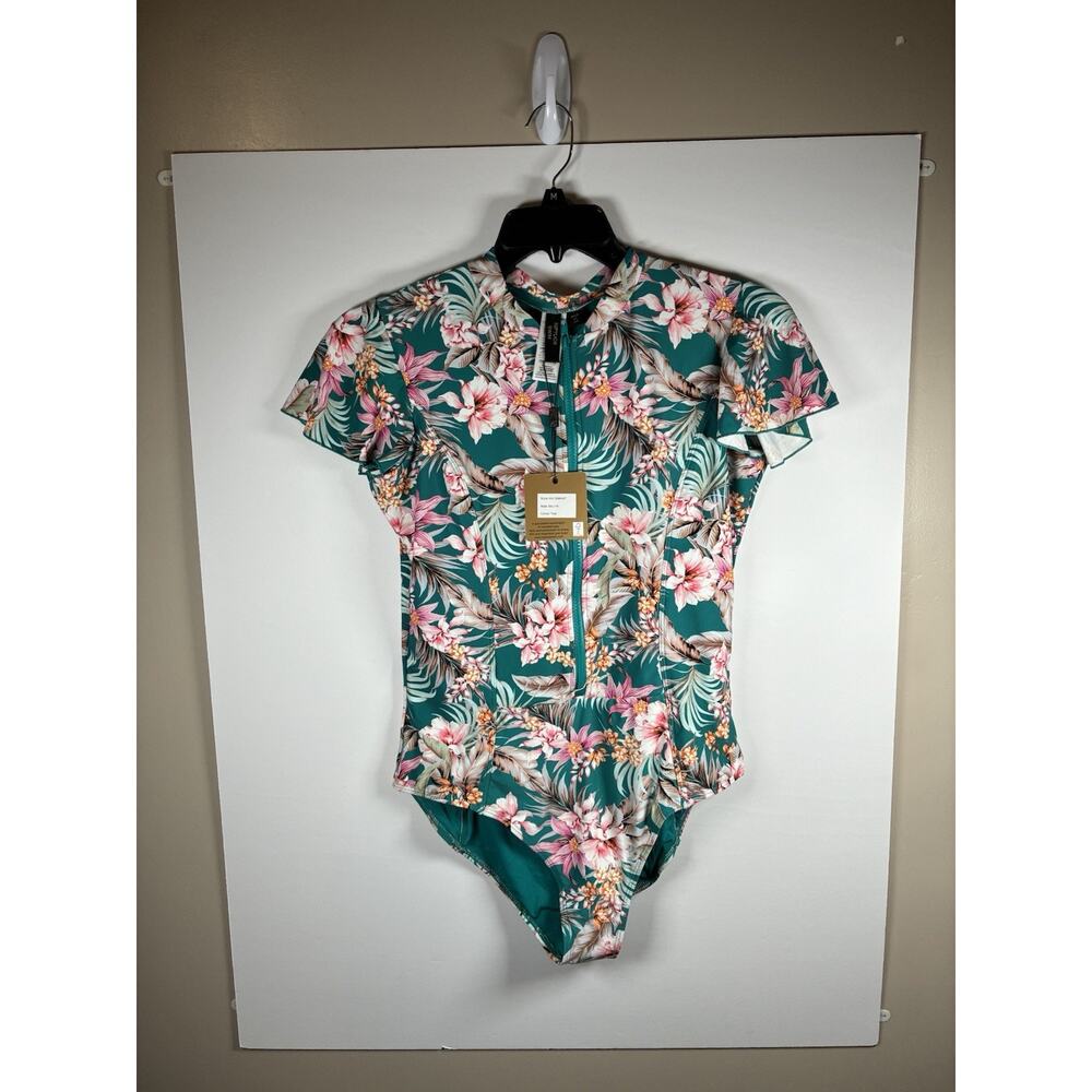 Niptuck Swim NWT Size XXL Au US 12 Teal Tropical Floral One Piece Ruffle Coastal